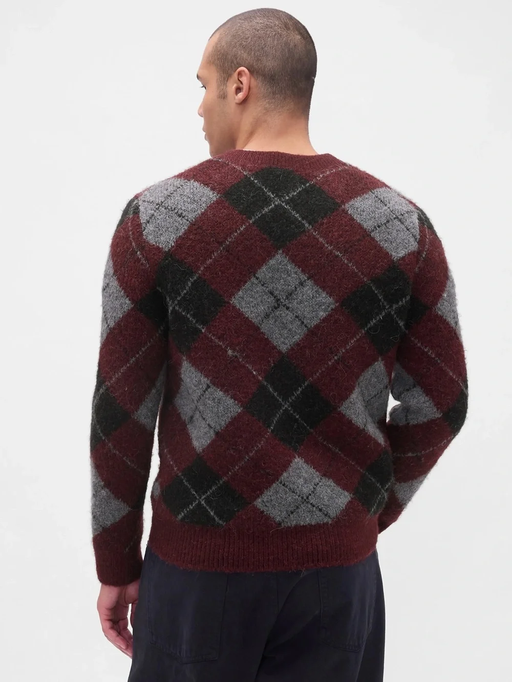 GAP Fuzzy Alpaca Blend Brushed Argyle Sweater Burgundy Gray V-Neck Long Sleeve